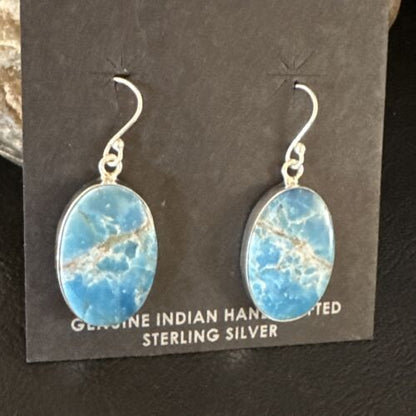 Navajo Blue Turquoise Dangle Earrings | Sterling Silver | Authentic Native American Handmade | 15434