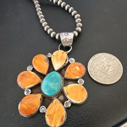 Navajo Blue Turquoise | Spiny Oyster Pendant Necklace | Sterling Silver | Multi-Stone | 16863