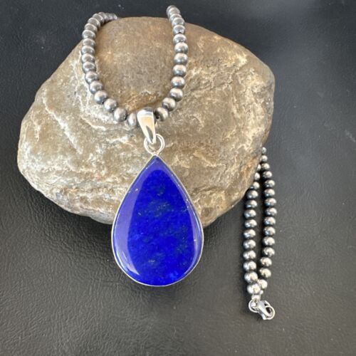 Navajo Blue Lapis Pendant with Pearls | Sterling Silver Necklace | 20" | Authentic Native American Handmade | 16669