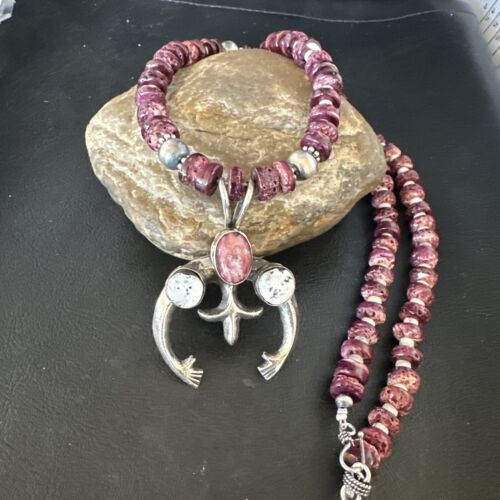 Navajo Purple Spiny Oyster White Buffalo Naja Pendant | Sterling Silver | Authentic Native American Handmade | 15025