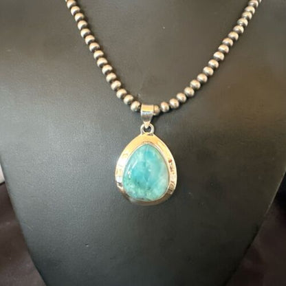 Navajo Blue Larimar Pendant Necklace | Sterling Silver Beads | Authentic Native American Handmade | 17563