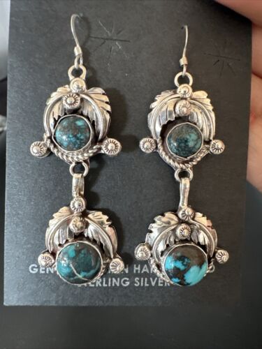 Navajo Blue Spiderweb Turquoise Dangle Earrings | Sterling Silver | Authentic Native American Handmade | 16012