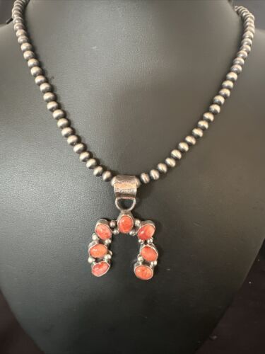Navajo Red Spiny Oyster Naja Pendant Necklace | Sterling Silver | 20" | Authentic Native American Handmade | 15760