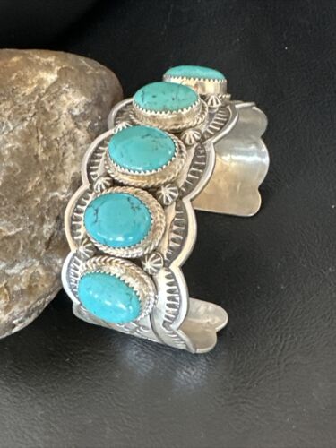Navajo Blue Turquoise 5 Stone Cuff Bracelet | Sterling Silver | XL Men's | Authentic Native American Handmade | 15859