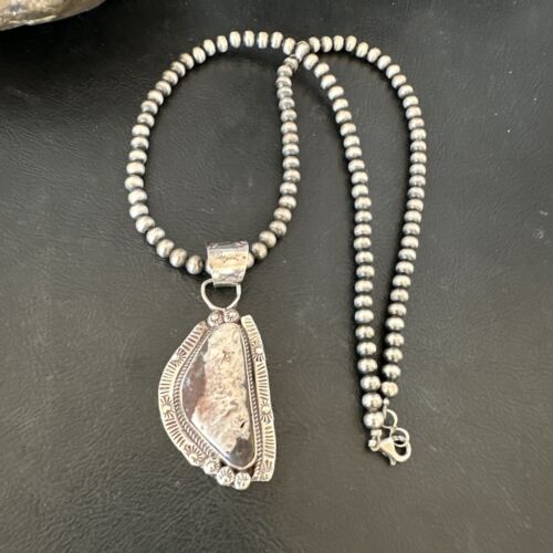 White Buffalo Turquoise Pendant | Navajo Pearls | Sterling Silver Necklace 21" | 17106