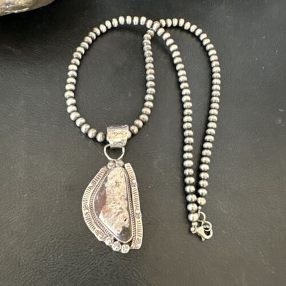 White Buffalo Turquoise Pendant | Navajo Pearls | Sterling Silver Necklace 21" | 17106