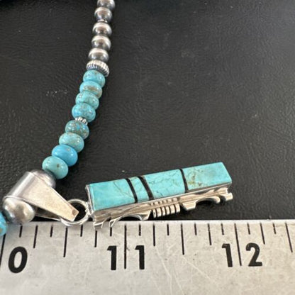 Men's and Women's Turquoise #8 Inlay Pendant Necklace | Navajo Sterling Silver | Authentic Native American Handmade | 17074