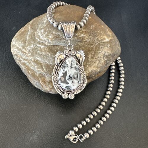 Navajo White Buffalo Turquoise Pendant Necklace | Sterling Silver | Authentic Native American Handmade | 17523