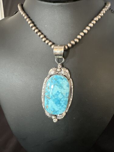 Navajo Blue Kingman Turquoise Pendant Necklace | Sterling Silver | Authentic Native American Handmade | 14861