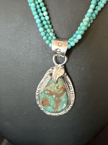 Blue Turquoise Pendant | Navajo Pearls | Sterling Silver Bead Necklace 17" | Multi-Strand | 15994