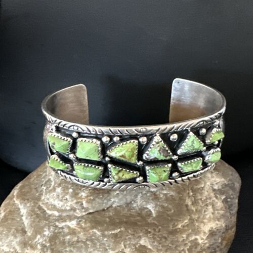 Navajo Green Gaspeite Cluster Cuff Bracelet | Sterling Silver | Authentic Native American Handmade | 16377