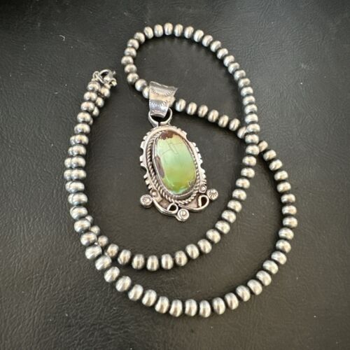 Navajo Royston Turquoise Pendant Necklace | Sterling Silver Pearls | Authentic Native American Handmade | 17060