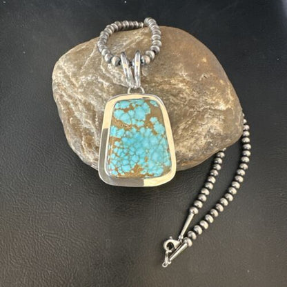 Men's Blue #8 Turquoise Pendant Necklace | Navajo Sterling Silver | Authentic Native American Handmade | 14973