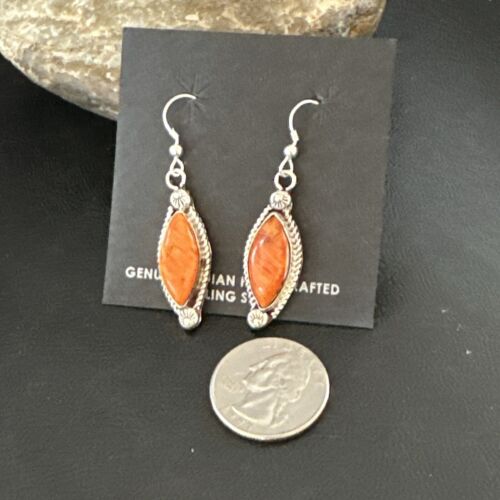 Navajo Orange Spiny Oyster Dangle Earrings | Sterling Silver | Authentic Native American Handmade | 17276