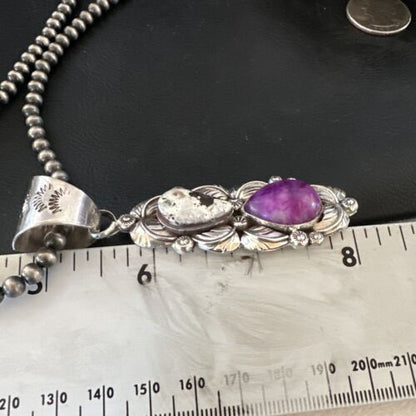 Navajo Pearls Pendant | White Buffalo Turquoise & Sugilite | Sterling Silver | Native American Handmade | 16869