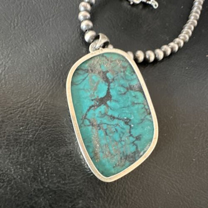 Men's Navajo Blue Spiderweb Turquoise Pendant Necklace | Sterling Silver | Authentic Native American Handmade | 16209