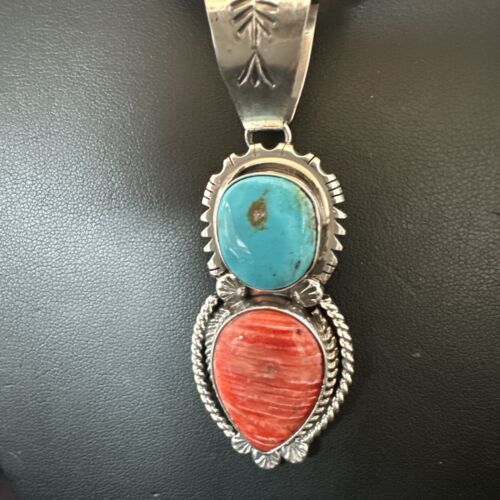 Navajo Blue Kingman Turquoise Spiny Pendant Necklace | Sterling Silver | Multi-Stone | 16824