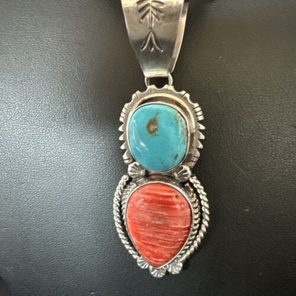 Navajo Blue Kingman Turquoise Spiny Pendant Necklace | Sterling Silver | Multi-Stone | 16824