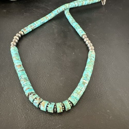 Navajo Blue Turquoise Heishi Bead Necklace | Sterling Silver | 21" | Authentic Native American Handmade | 17257