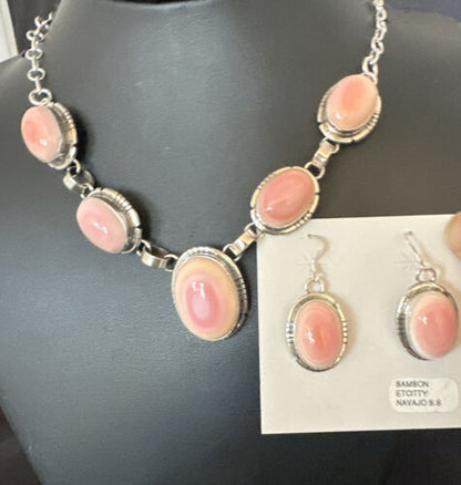Navajo Pink Conch Choker Necklace | Sterling Silver Pendant 18" | Earrings Set | Authentic Native American Handmade | 16126