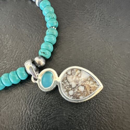 Navajo Wild Horse Blue Kingman Turquoise Necklace | Sterling Silver | Authentic Native American Handmade | 17525
