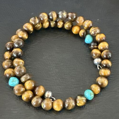 Navajo Blue Turquoise Coffee Tiger's Eye Bracelet | Stainless Steel Memory Wire | Authentic Native American Handmade | 17627