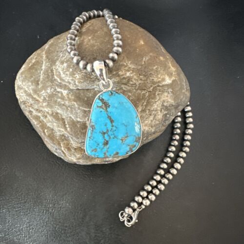Navajo Blue Kingman Turquoise Pendant with Pearls | Sterling Silver Necklace | 20" | 17008