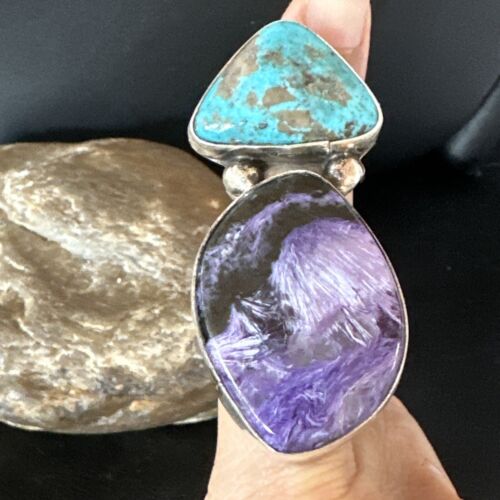 Navajo Blue Turquoise Purple Charoite Ring | Authentic Native American Sterling Silver | Multi-Stone | Sz 8 | 15916