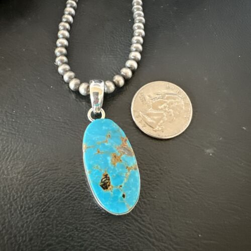 Navajo Blue Kingman Turquoise Pendant with Pearls | Sterling Silver Necklace | 20" | 16994