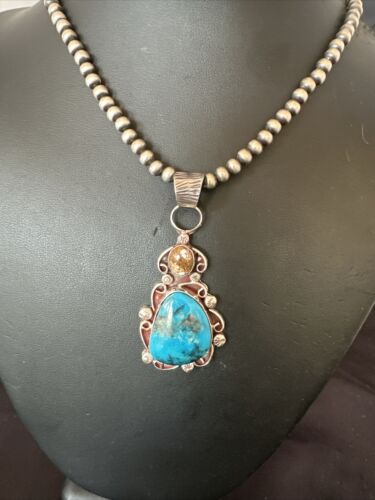 Navajo Blue Kingman Turquoise Wild Horse Necklace Pendant | Sterling Silver | Authentic Native American Handmade | 17221
