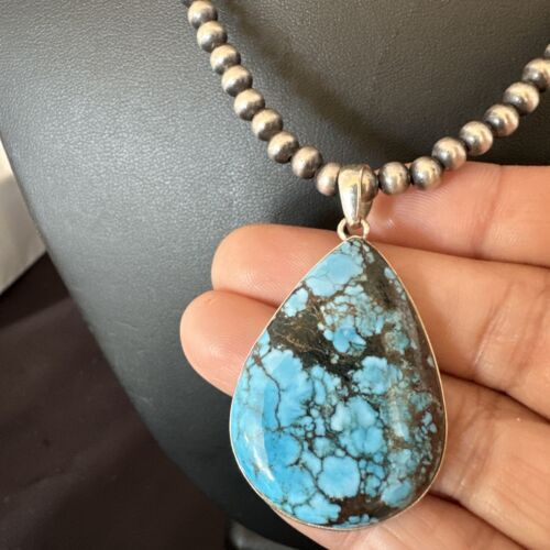 Men's Navajo Blue Spiderweb Turquoise Pendant Necklace | Sterling Silver | Authentic Native American Handmade | 16302