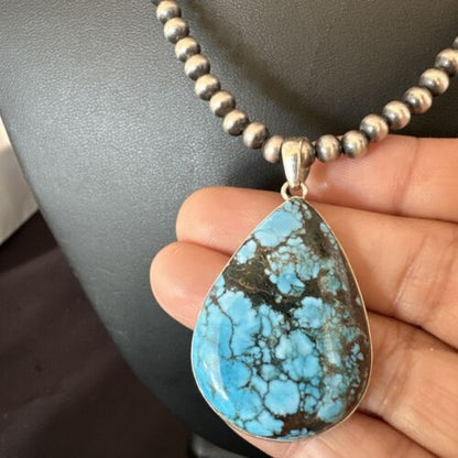 Men's Navajo Blue Spiderweb Turquoise Pendant Necklace | Sterling Silver | Authentic Native American Handmade | 16302