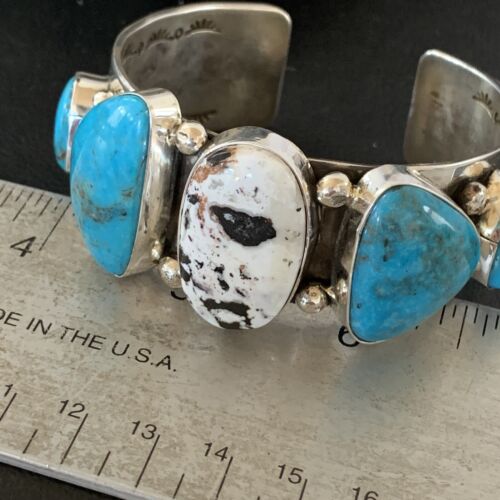 Navajo Kingman White Buffalo Turquoise Row Cuff Bracelet | Sterling Silver | Authentic Native American Handmade