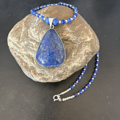 Navajo Blue Denim Lapis Pendant Necklace | Sterling Silver Pearls | 22" | Authentic Native American Handmade | 16579