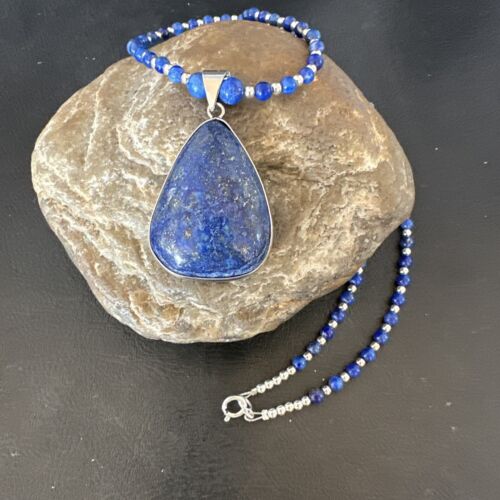 Navajo Blue Denim Lapis Pendant Necklace | Sterling Silver Pearls | 22" | Authentic Native American Handmade | 16579