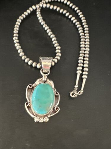 Navajo Pearls Blue Turquoise Necklace Pendant | Sterling Silver | Authentic Native American Handmade | 14878