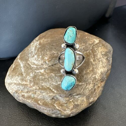 Navajo Blue Turquoise Cluster Ring | Authentic Native American Sterling Silver | Multi-Stone | Sz 7 | 17841