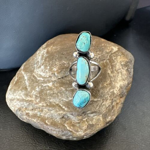 Navajo Sterling Silver Cluster Blue Turquoise Ring Sz 7 17841