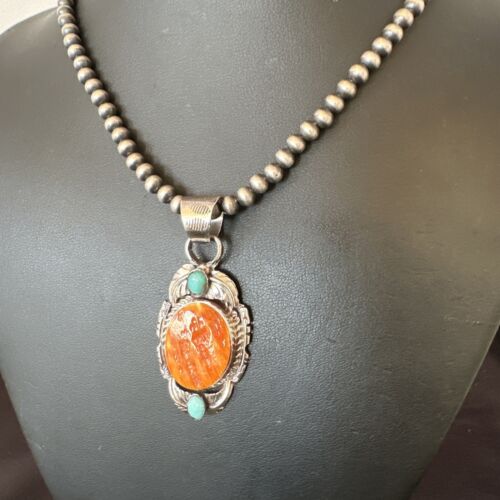 Navajo Spiny Oyster | Blue Turquoise Pendant Necklace | Sterling Silver | Native American Handmade | 16458