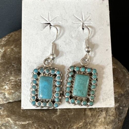 Navajo Blue Turquoise Dangle Earrings | Sterling Silver | Authentic Native American Handmade | 15439