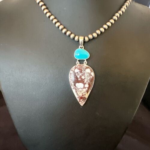 Navajo Wild Horse | Blue Kingman Turquoise Necklace | Sterling Silver | Authentic Native American Handmade | 17304