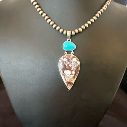 Navajo Wild Horse | Blue Kingman Turquoise Necklace | Sterling Silver | Authentic Native American Handmade | 17304