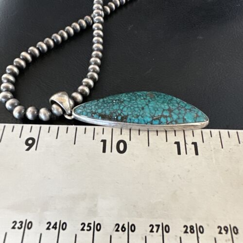 Men's Navajo Blue Spiderweb Turquoise Pendant Necklace | Sterling Silver | Authentic Native American Handmade | 16221