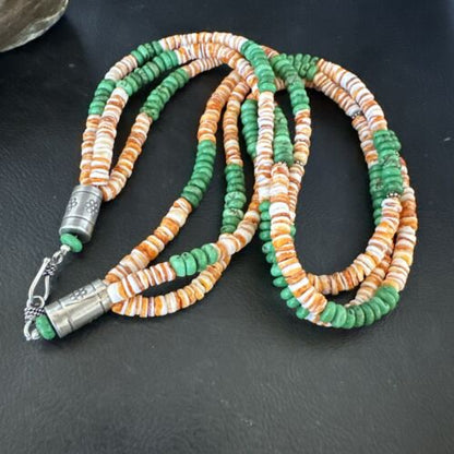 Navajo Green Turquoise Spiny Oyster Necklace | Sterling Silver | Authentic Native American Handmade | 17534