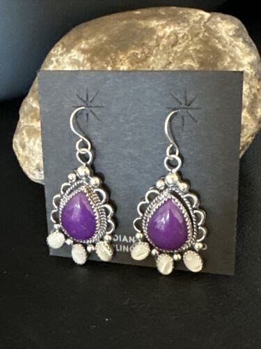 Navajo Purple Sugilite White Mother of Pearl Earrings | Sterling Silver | 1" | Authentic Native American Handmade | 15334