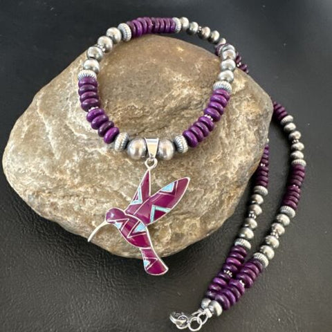 Hummingbird Purple Sugilite Pendant Navajo Sterling Silver Necklace 16762