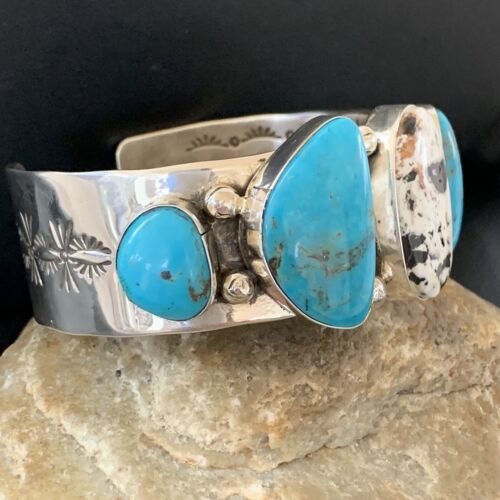 Navajo Kingman White Buffalo Turquoise Row Cuff Bracelet | Sterling Silver | Authentic Native American Handmade