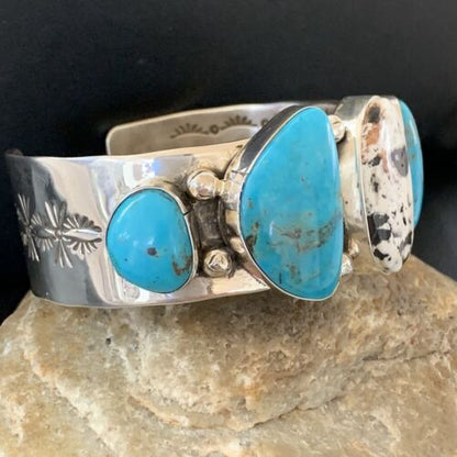 Navajo Kingman White Buffalo Turquoise Row Cuff Bracelet | Sterling Silver | Authentic Native American Handmade