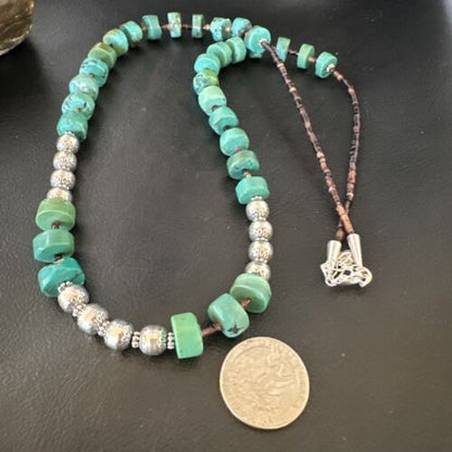 Navajo Blue Green Turquoise Heishi Bead Necklace | Sterling Silver | 24" | 16283