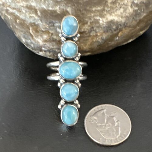 Navajo Women's Cluster Blue Larimar Ring | Authentic Native American Sterling Silver | Multi-Stone | Sz 7.5 | 15953
